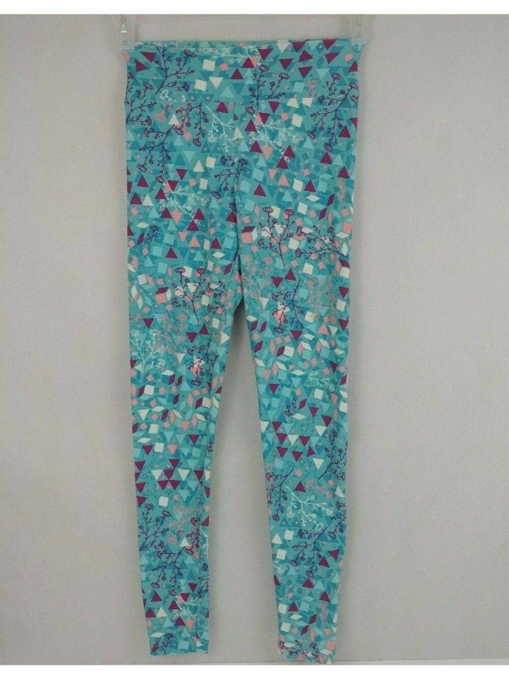 LuLaRoe Leggings OS Lt Blue With Colorful Geometric Triangles & Floral Design